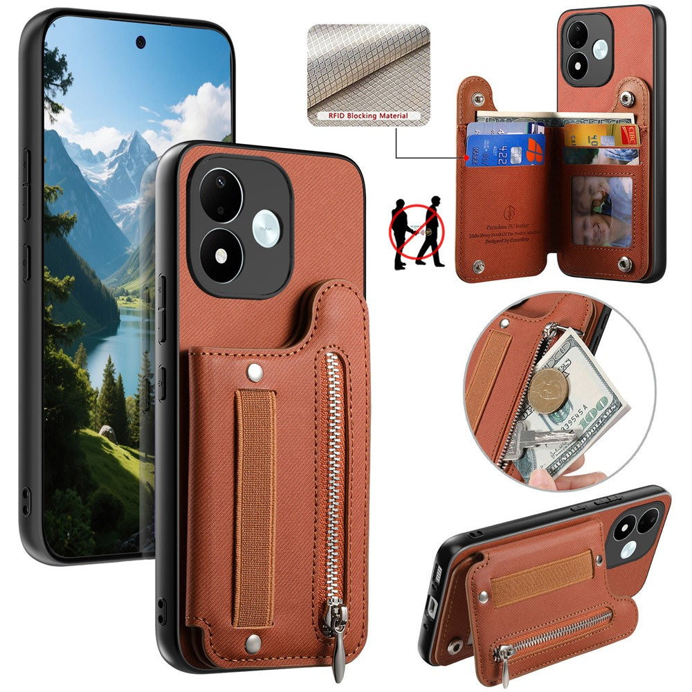 Xiaomi Redmi Note 17 4G (Global) / Note 17 5G (Global) / Note 17 (Indien/Kina) 5G-skal RFID-blockerande korthållare, jeanstygtexturerat läderbakstycke med elastiskt armband