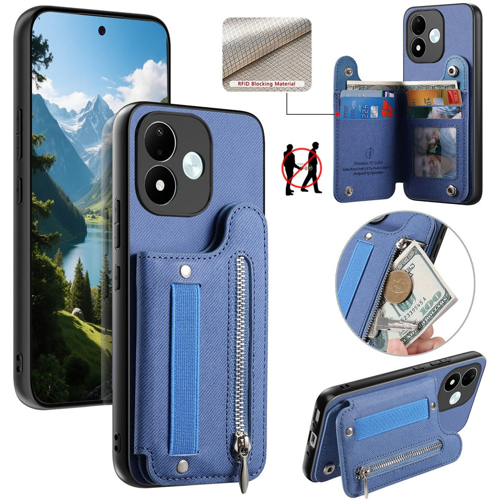 Xiaomi Redmi Note 17 4G (Global) / Note 17 5G (Global) / Note 17 (Indien/Kina) 5G-skal RFID-blockerande korthållare, jeanstygtexturerat läderbakstycke med elastiskt armband