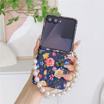 Til Samsung Galaxy Z Flip8 Magnetisk Etui Blomstermønster PC + Stof Beskyttende Telefoncover med Perlebesat Strop