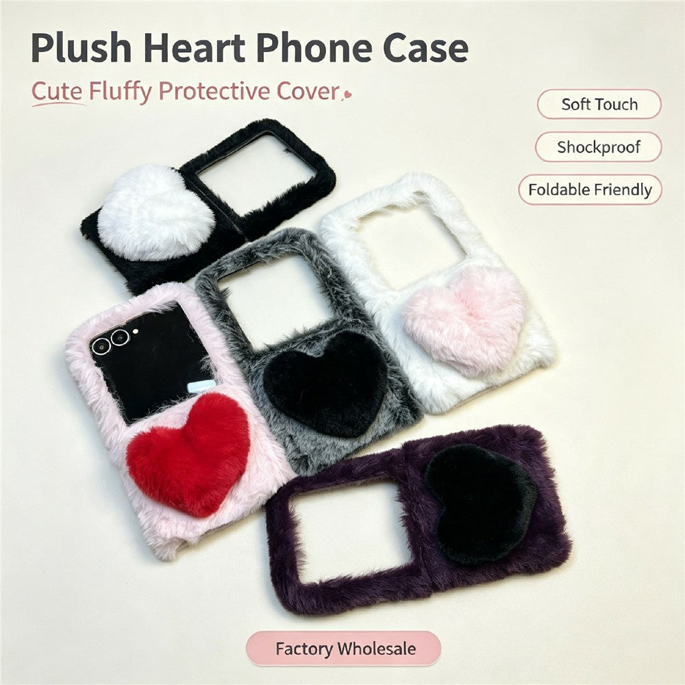 Phone For Samsung Galaxy Z Flip8 Case 3D Heart Plush Hard PC Fluffy Protective Cover