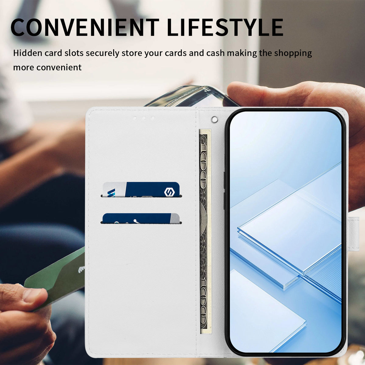 Til iPhone 16 Pro Max cover i silkestruktur PU læder, pungetui med standerfunktion og håndrem