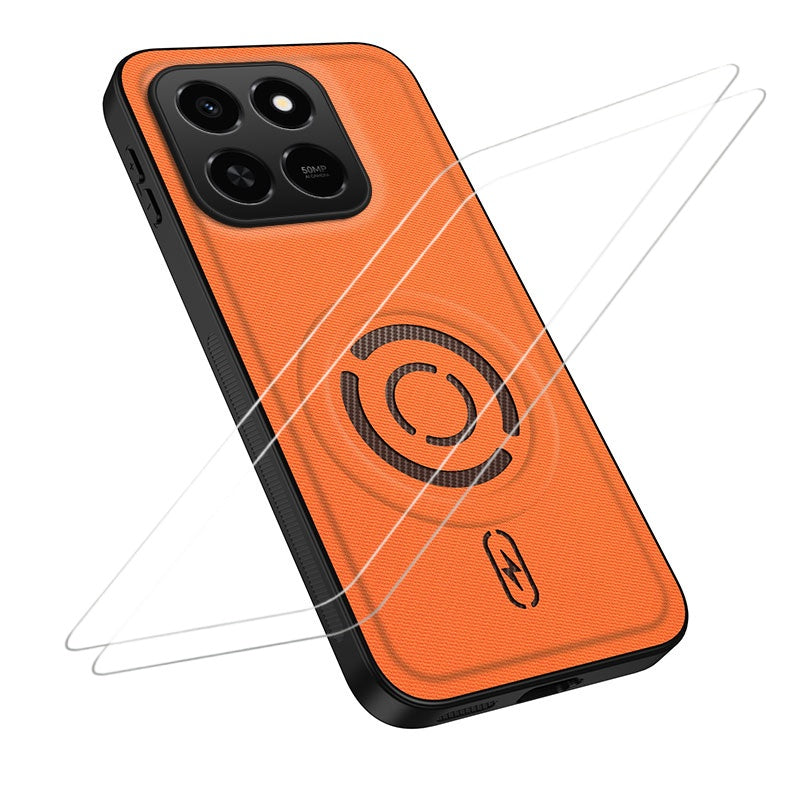 WANLONFENG til Honor 400 Smart 5G / Honor X7d 4G / Honor 400 Smart 4G KJB1-serien Magnetisk etui med 2 stk. hærdet glas skærmbeskytter, stoftekstur PC+TPU telefoncover