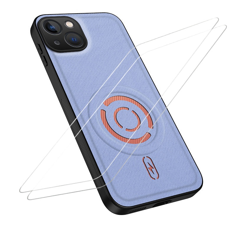WANLONFENG til iPhone 15 KJB1 Series magnetisk cover med 2 stk. skærmbeskytter i hærdet glas, tekstur af teknisk stof PC+TPU telefoncover