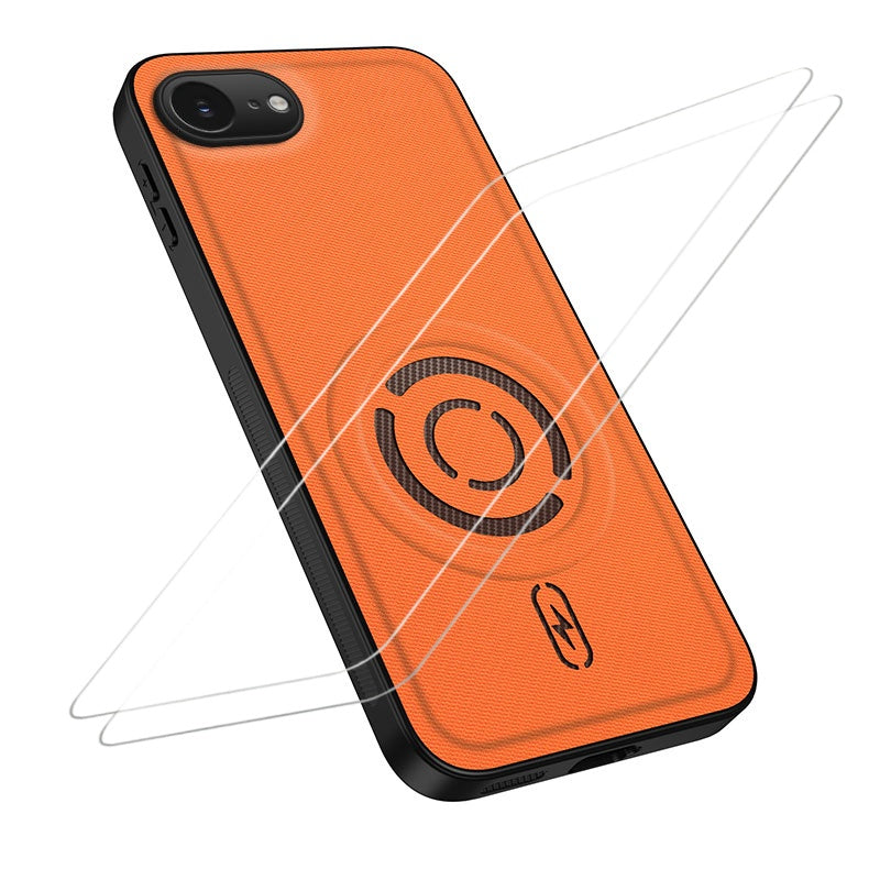 WANLONFENG til iPhone 16e / iPhone 17e KJB1 Series Magnetisk Etui med 2 stk. Hærdet Glas Skærmbeskytter Tech Stof Tekstur PC+TPU Telefoncover