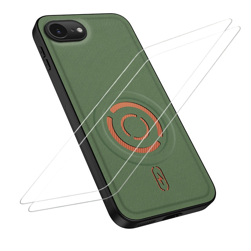 WANLONFENG til iPhone 16e / iPhone 17e KJB1 Series Magnetisk Etui med 2 stk. Hærdet Glas Skærmbeskytter Tech Stof Tekstur PC+TPU Telefoncover
