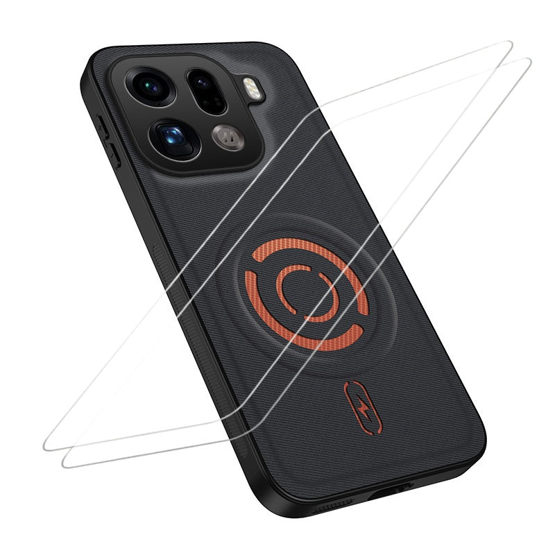 WANLONFENG for Oppo Find X9 Pro 5G KJB1 Series Magnetic Case with 2Pcs Tempered Glass Screen Protector Tech Fabric Texture PC+TPU Phone Cover