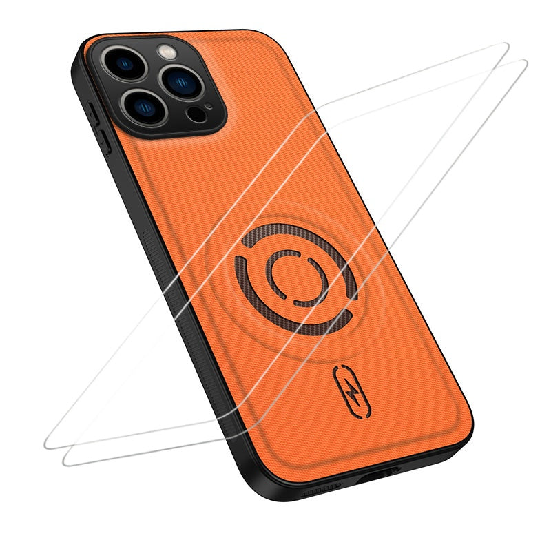 WANLONFENG for iPhone 16 Pro KJB1 Series Magnetic Case with 2Pcs Tempered Glass Screen Protector Tech Fabric Texture PC+TPU Phone Cover