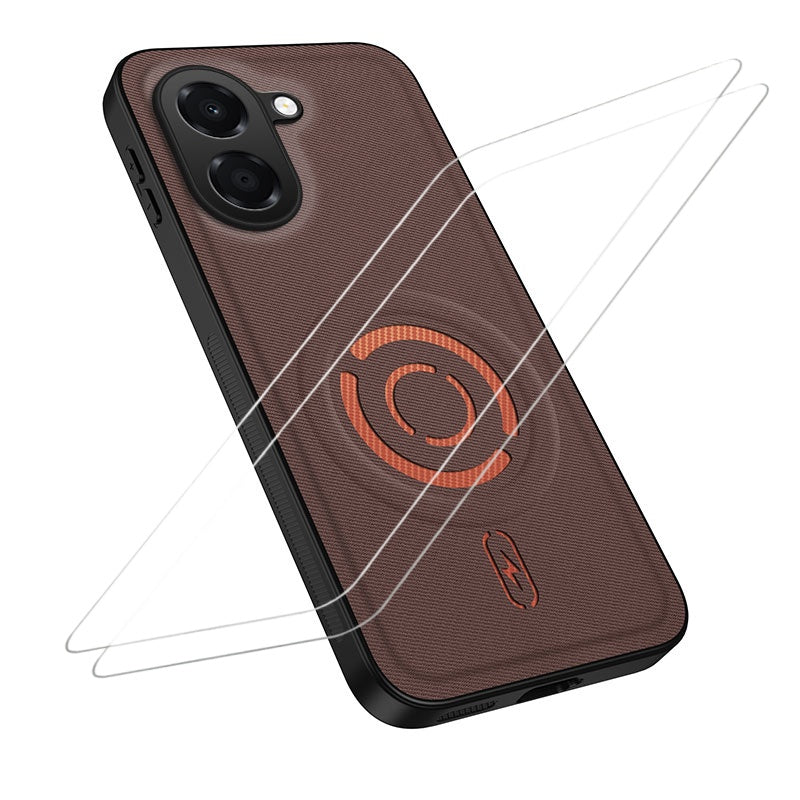 WANLONFENG til Honor X7e 4G KJB1 Series Magnetisk Cover med 2 stk. Hærdet Glas Skærmbeskytter Tech Fabric Texture PC+TPU Telefoncover