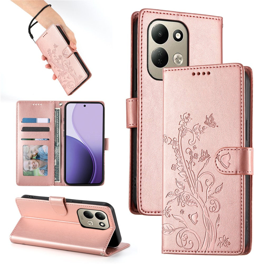 For Xiaomi Redmi 17 4G  /  Redmi 17 5G Wallet Case Butterfly Floral Imprint PU Leather Phone Cover with Wrist Strap