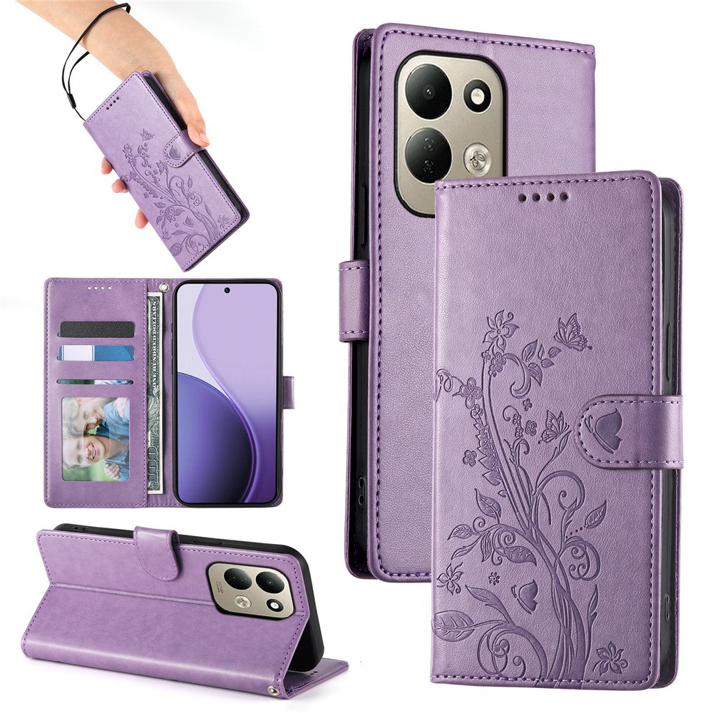 For Xiaomi Redmi 17 4G  /  Redmi 17 5G Wallet Case Butterfly Floral Imprint PU Leather Phone Cover with Wrist Strap