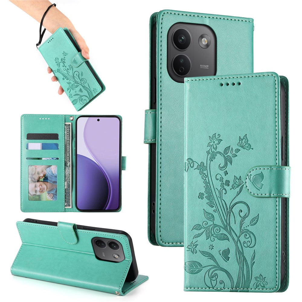 Xiaomi Redmi Note 17 Pro Max 5G plånboksfodral i PU-läder med fjärilsblommor och handledsrem
