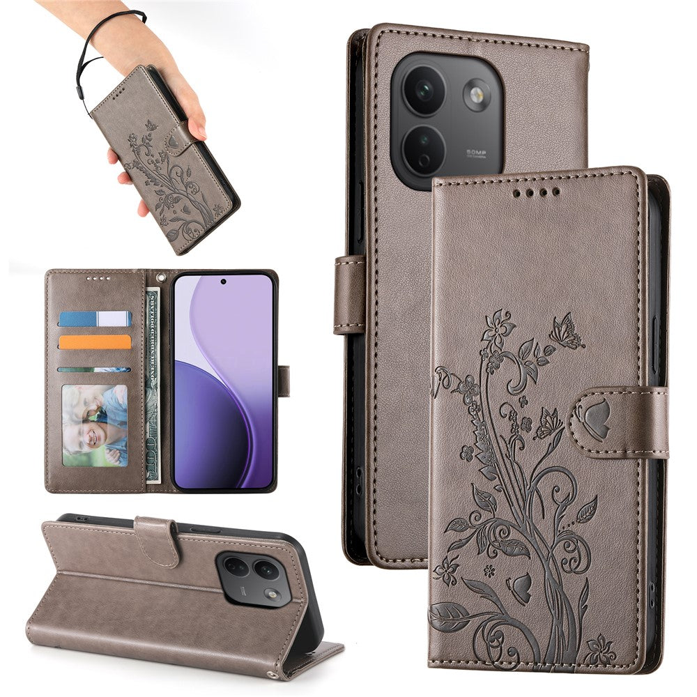 Xiaomi Redmi Note 17 Pro Max 5G plånboksfodral i PU-läder med fjärilsblommor och handledsrem