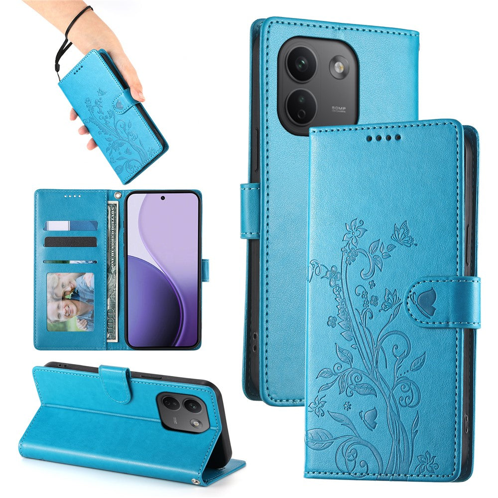 Xiaomi Redmi Note 17 Pro Max 5G plånboksfodral i PU-läder med fjärilsblommor och handledsrem
