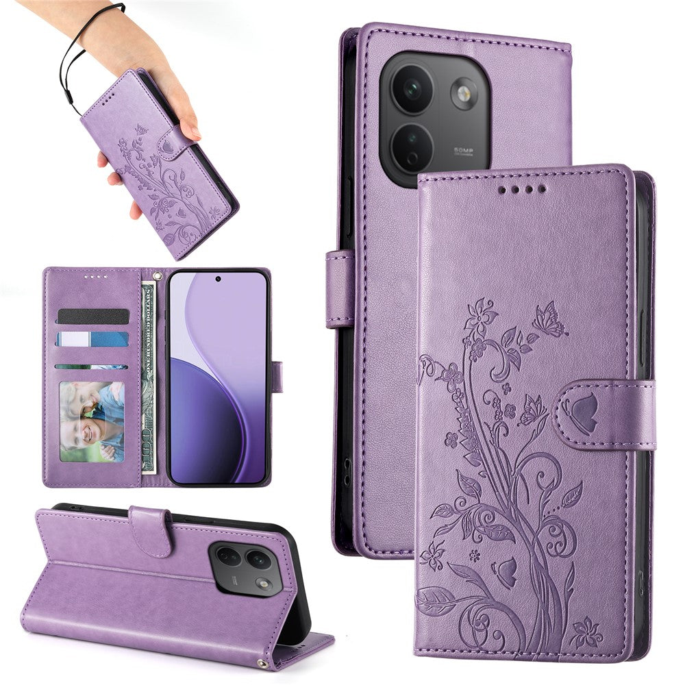 Xiaomi Redmi Note 17 Pro Max 5G plånboksfodral i PU-läder med fjärilsblommor och handledsrem