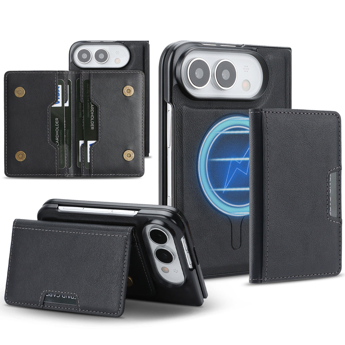 For iPhone Fold Magnetic Case Bi-fold Card Bag Kickstand PU Leather Coated TPU Cover