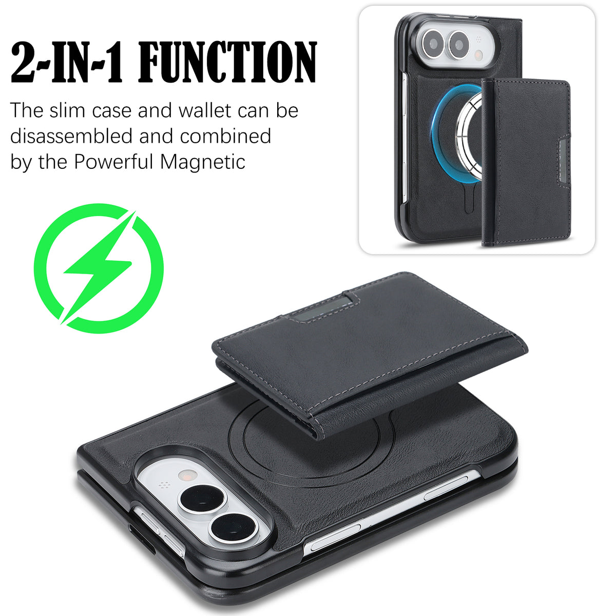 For iPhone Fold Magnetic Case Bi-fold Card Bag Kickstand PU Leather Coated TPU Cover