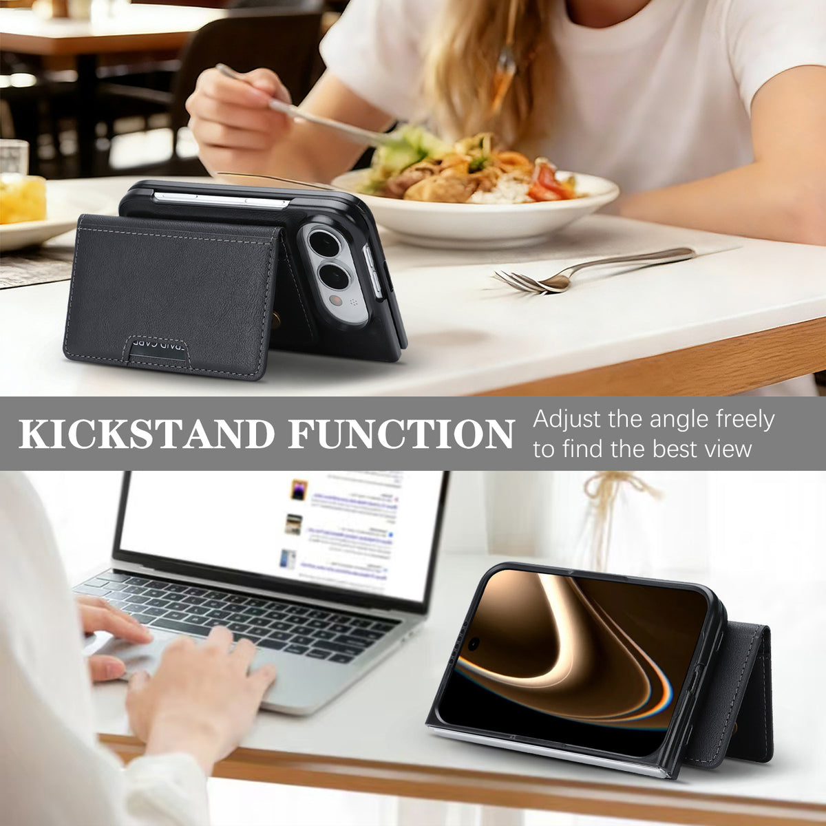 For iPhone Fold Magnetic Case Bi-fold Card Bag Kickstand PU Leather Coated TPU Cover