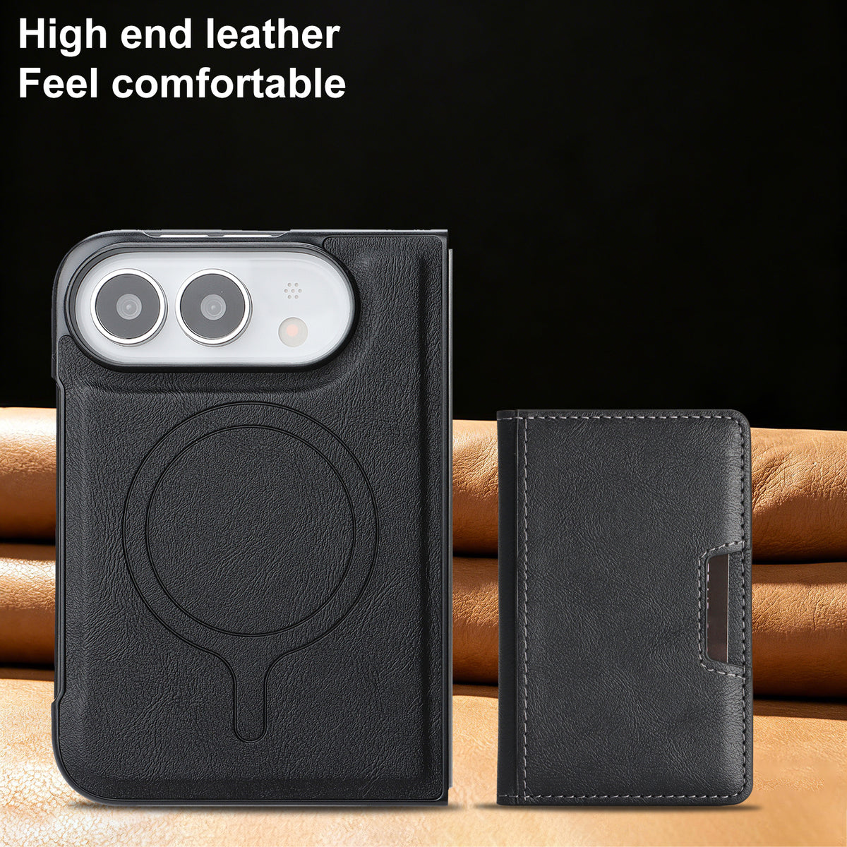 For iPhone Fold Magnetic Case Bi-fold Card Bag Kickstand PU Leather Coated TPU Cover