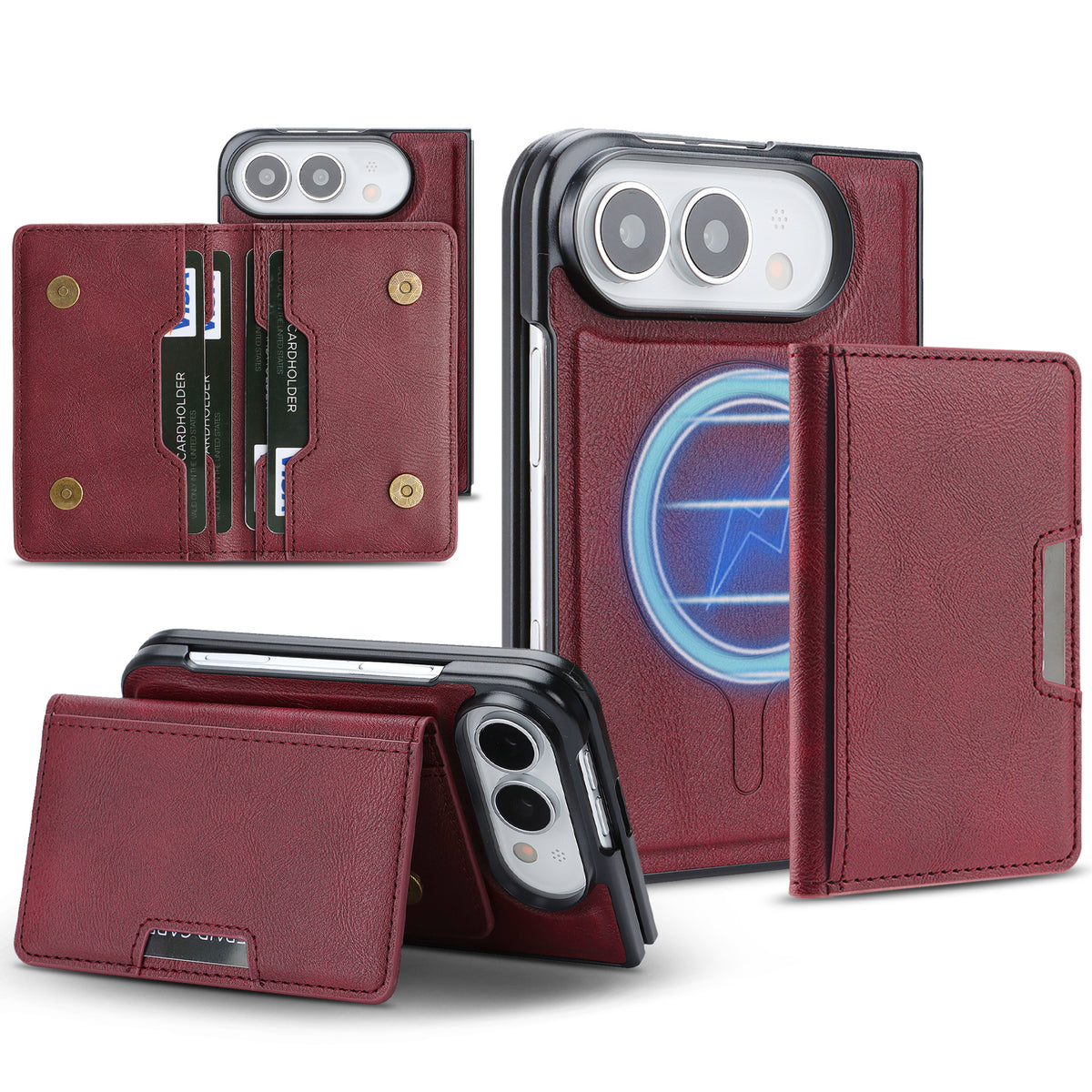 For iPhone Fold Magnetic Case Bi-fold Card Bag Kickstand PU Leather Coated TPU Cover