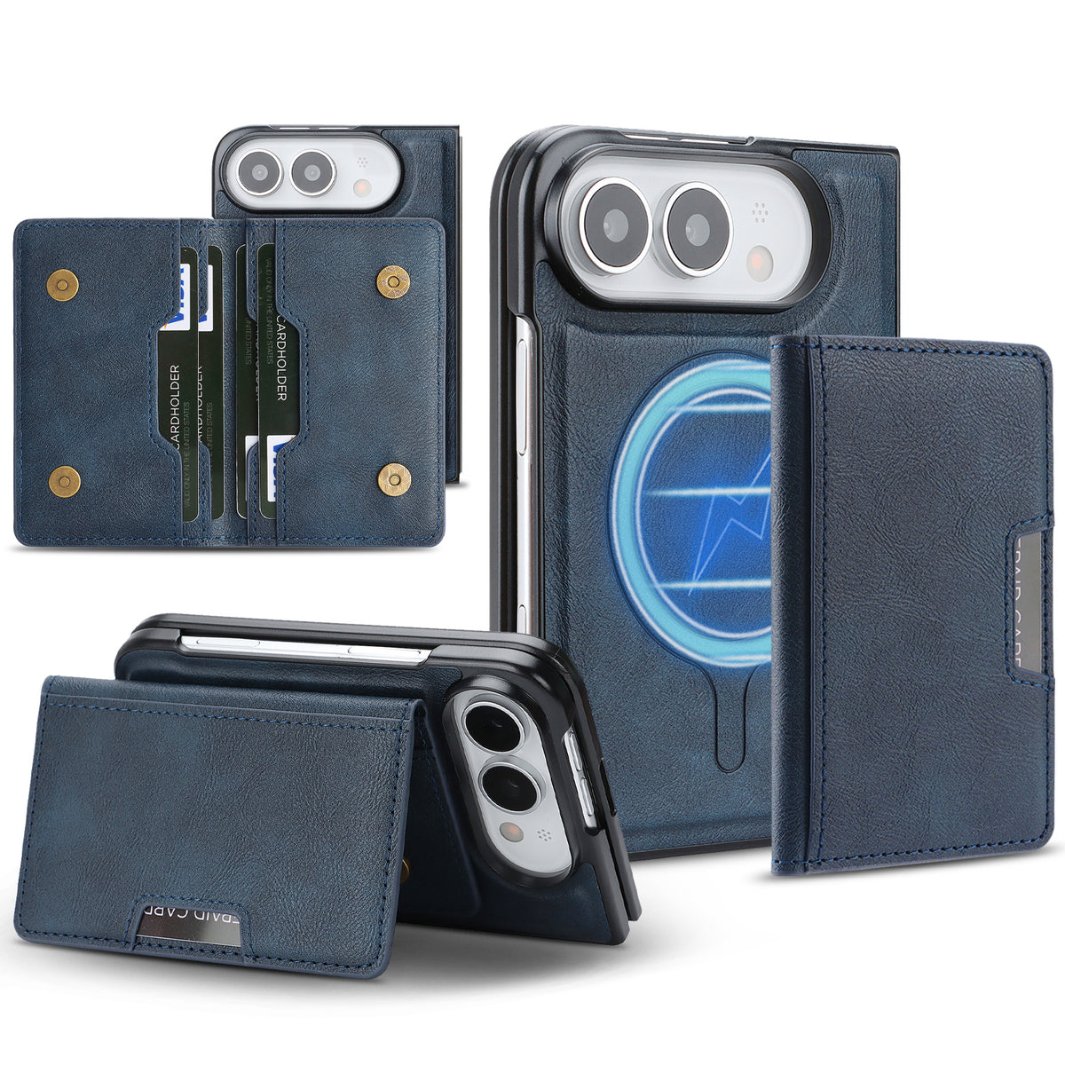 For iPhone Fold Magnetic Case Bi-fold Card Bag Kickstand PU Leather Coated TPU Cover