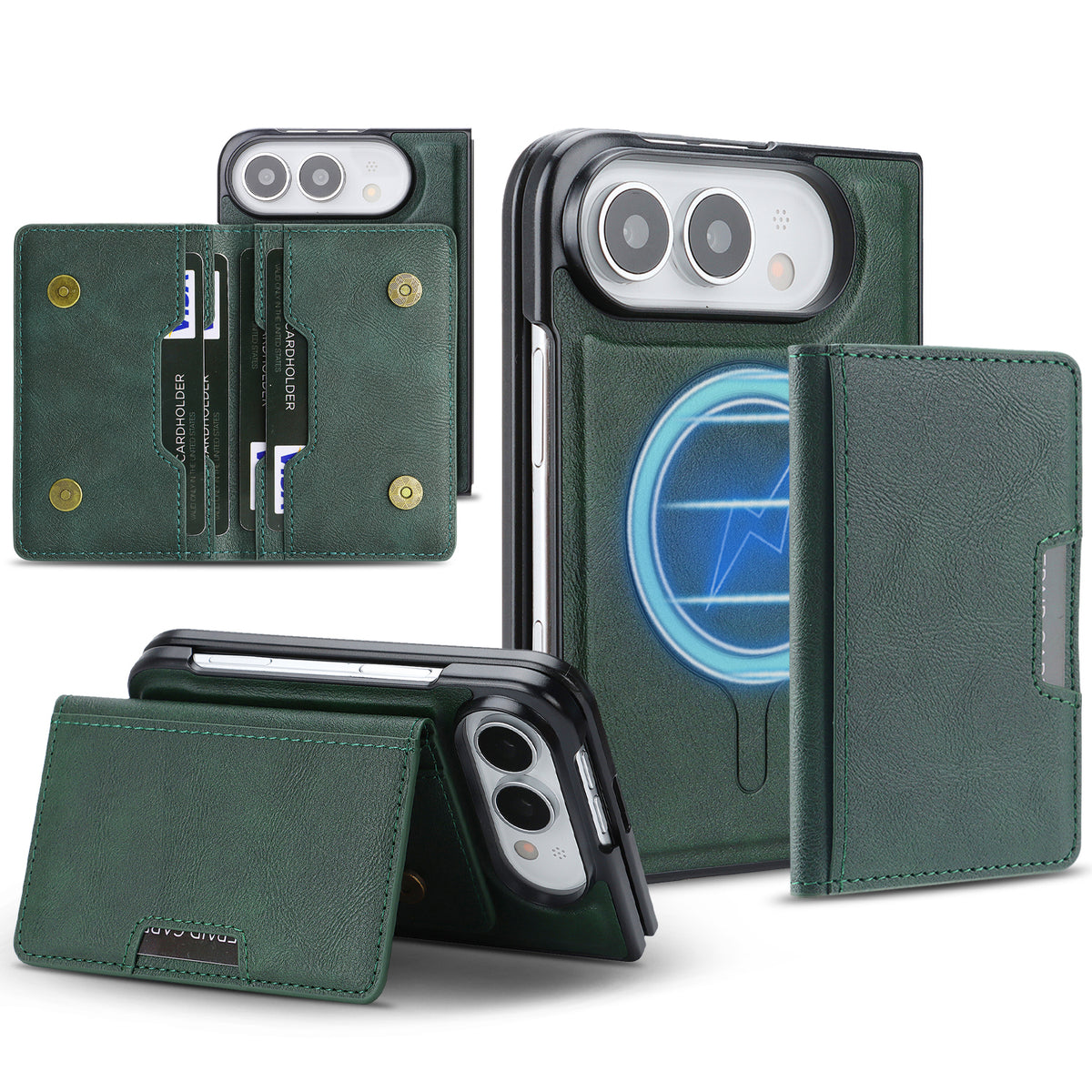 For iPhone Fold Magnetic Case Bi-fold Card Bag Kickstand PU Leather Coated TPU Cover