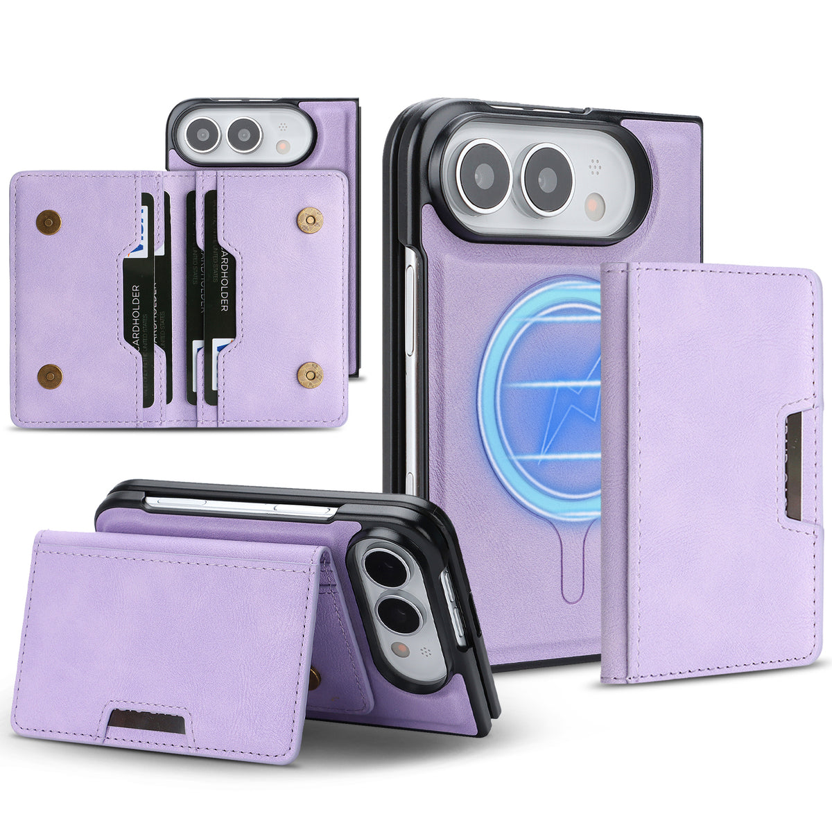 For iPhone Fold Magnetic Case Bi-fold Card Bag Kickstand PU Leather Coated TPU Cover