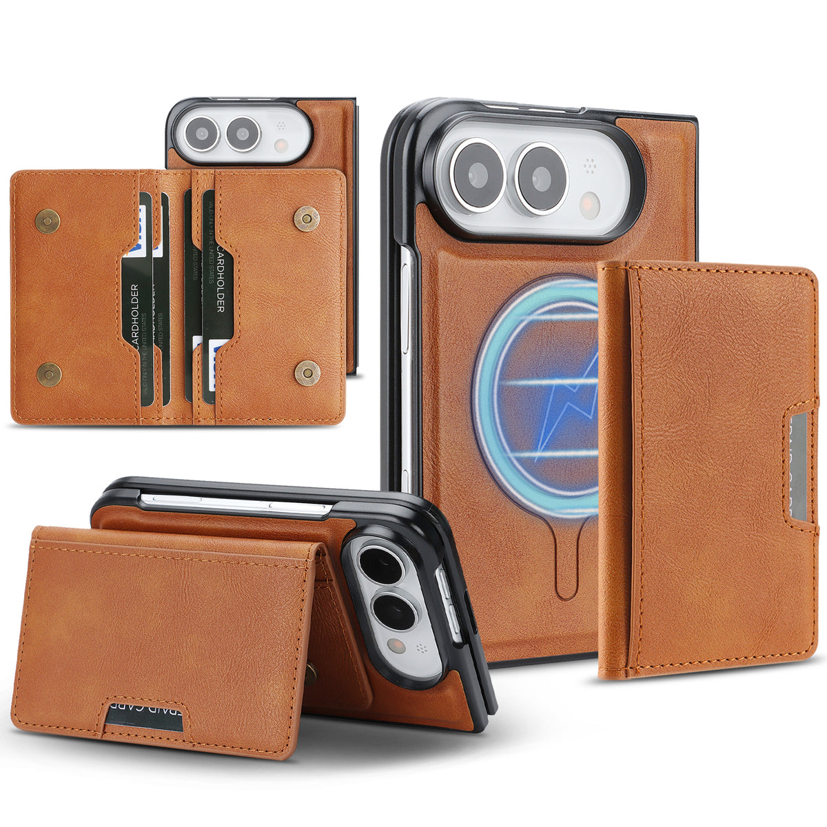 For iPhone Fold Magnetic Case Bi-fold Card Bag Kickstand PU Leather Coated TPU Cover