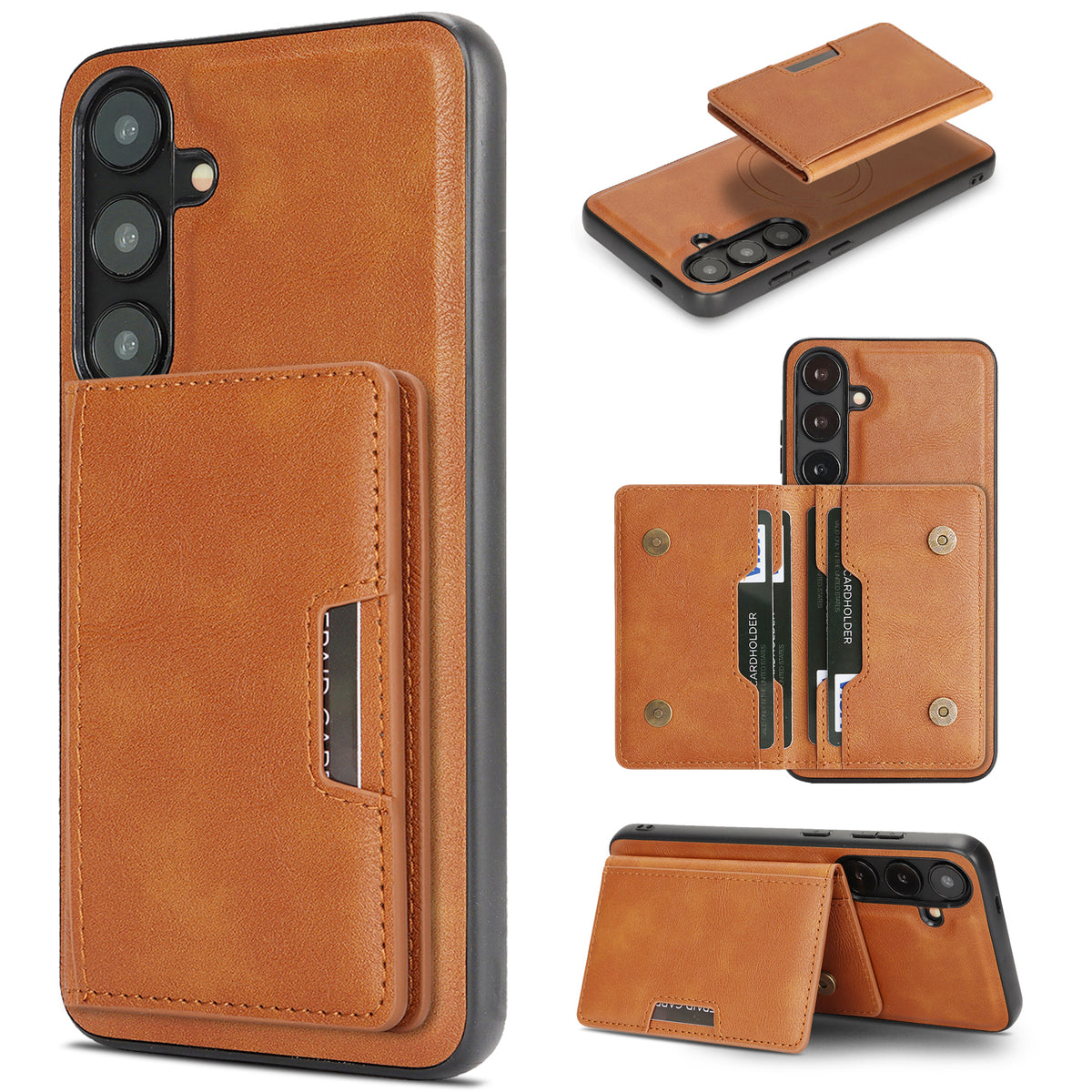 For Samsung Galaxy S26+ Magnetic Case Bi-fold Card Bag Kickstand PU Leather Coated TPU Cover