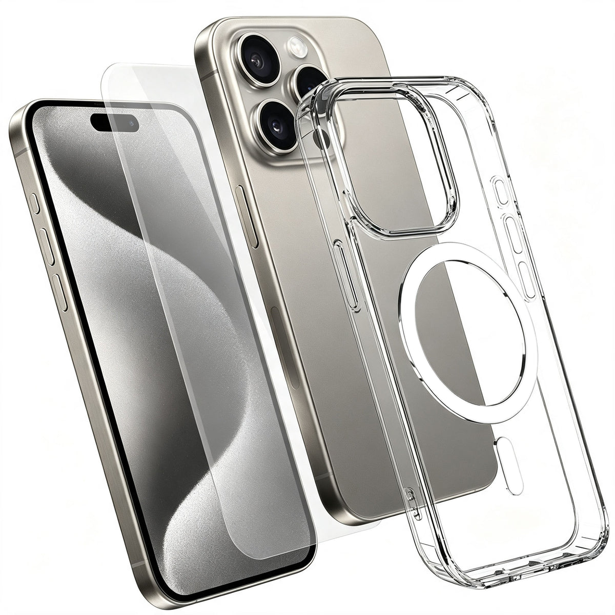For iPhone 15 Pro Magnetic Case TPU+PC Transparent Phone Cover with High Aluminium-silicon Glass Screen Protector