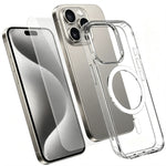 For iPhone 15 Pro Max Magnetic Case TPU+PC Transparent Phone Cover with High Aluminium-silicon Glass Screen Protector
