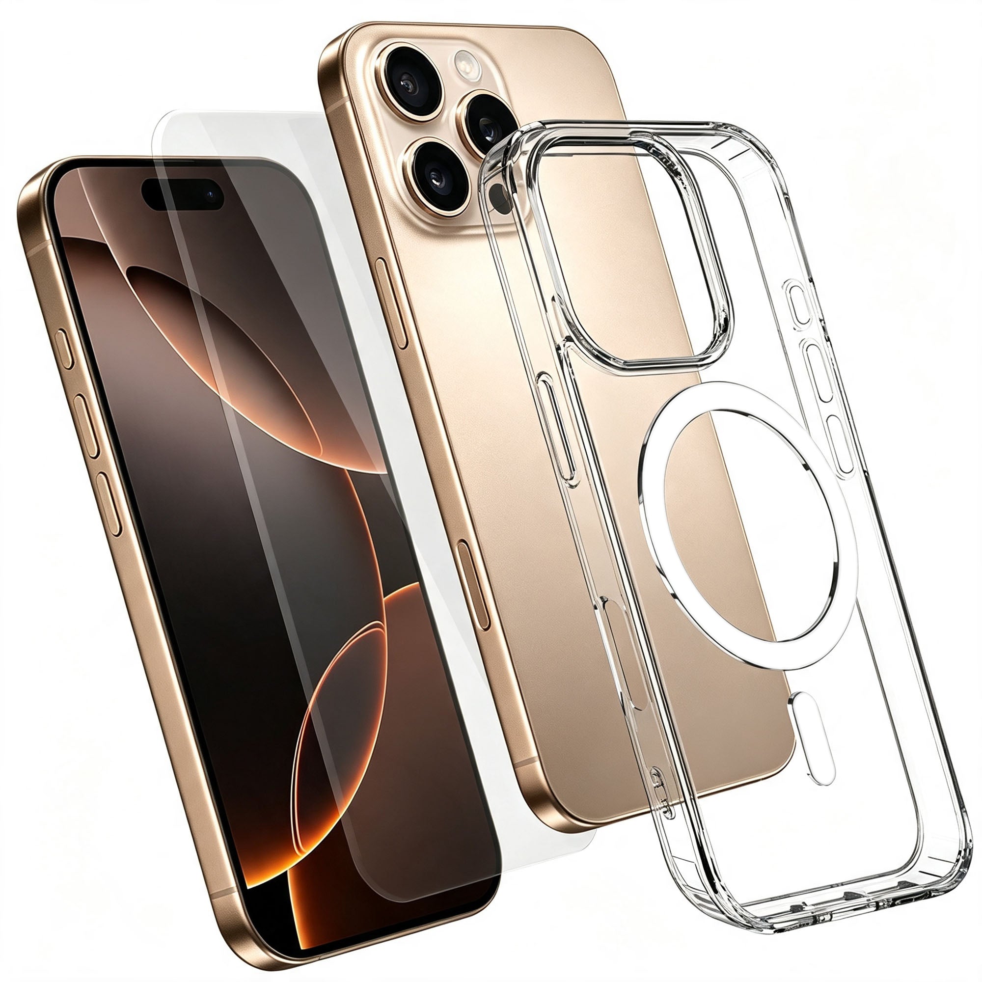 iPhone 16 Pro magnetiskt skal TPU+PC transparent mobilskal med skärmskydd i högkvalitativt aluminium-kiselglas
