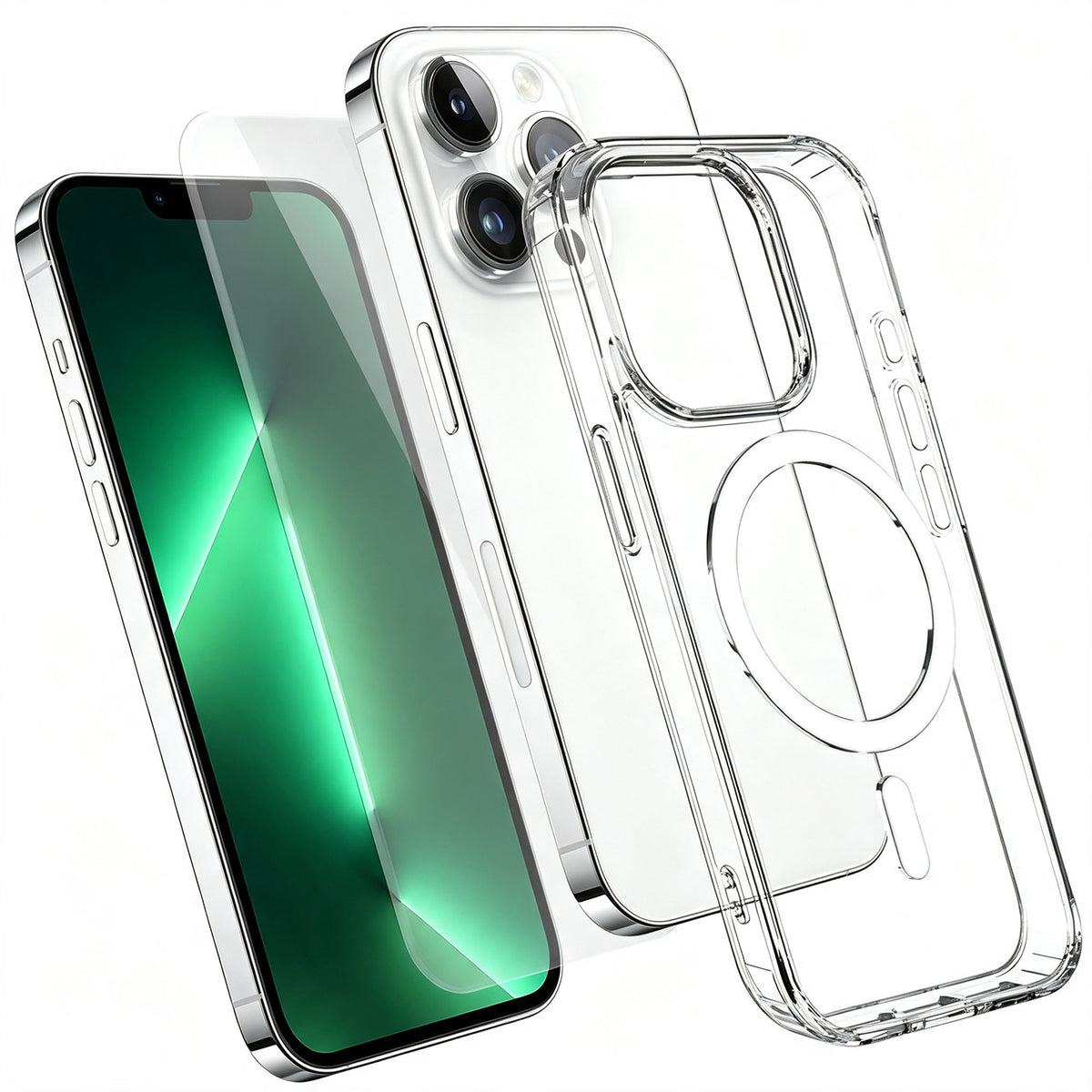 For iPhone 13 Pro Max Magnetic Case TPU+PC Transparent Phone Cover with High Aluminium-silicon Glass Screen Protector