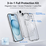 Til iPhone 15 Magnetisk Cover TPU + PC Gennemsigtigt Telefoncover med Skærmbeskytter i Højt Aluminiums-silikatglas + Hærdet Glas Linsebeskytter