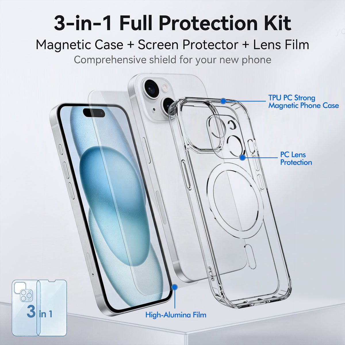 Til iPhone 15 Magnetisk Cover TPU + PC Gennemsigtigt Telefoncover med Skærmbeskytter i Højt Aluminiums-silikatglas + Hærdet Glas Linsebeskytter