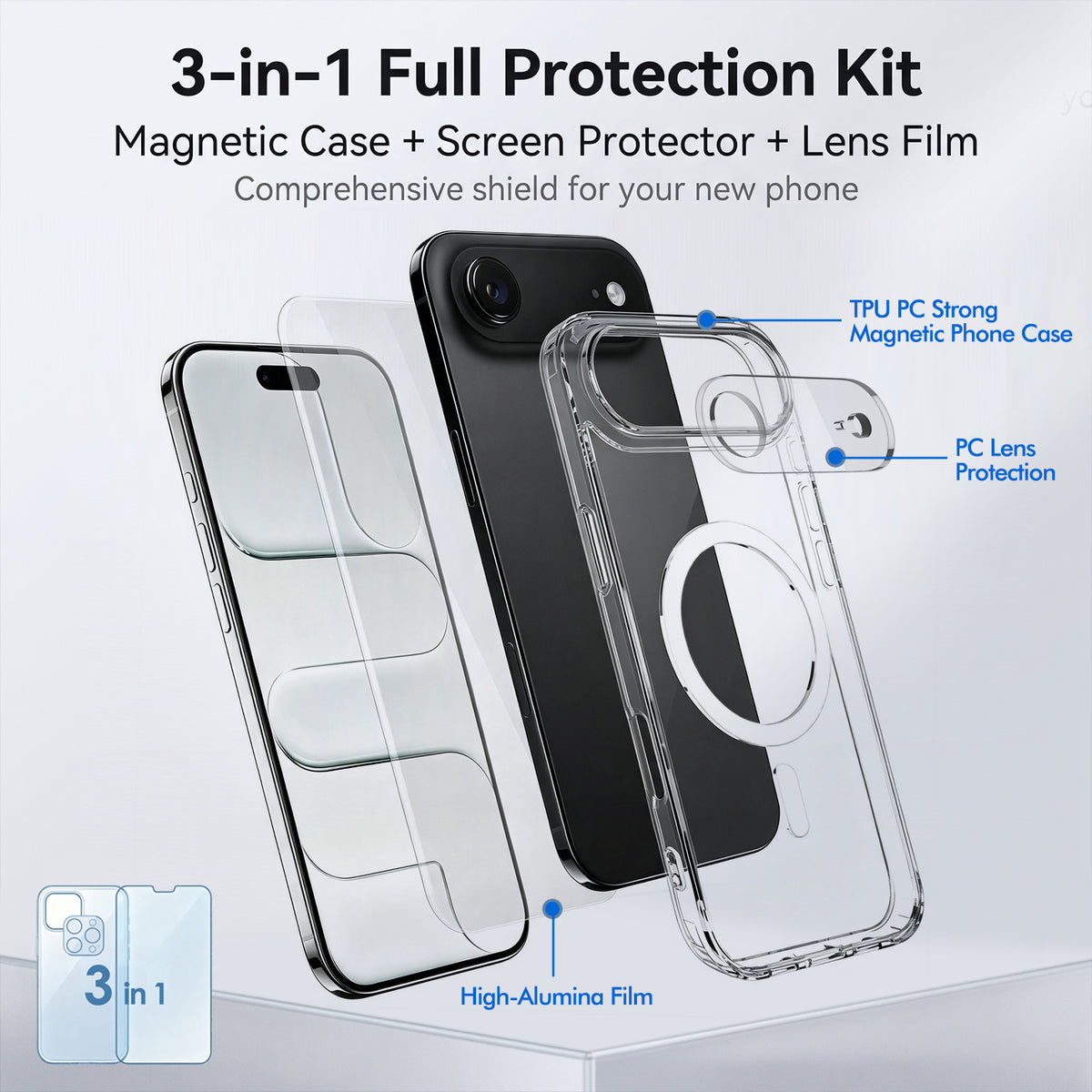For iPhone Air Magnetic Case TPU + PC Clear Phone Cover with High Aluminium-silicon Glass Screen Protector + Tempered Glass Lens Protector