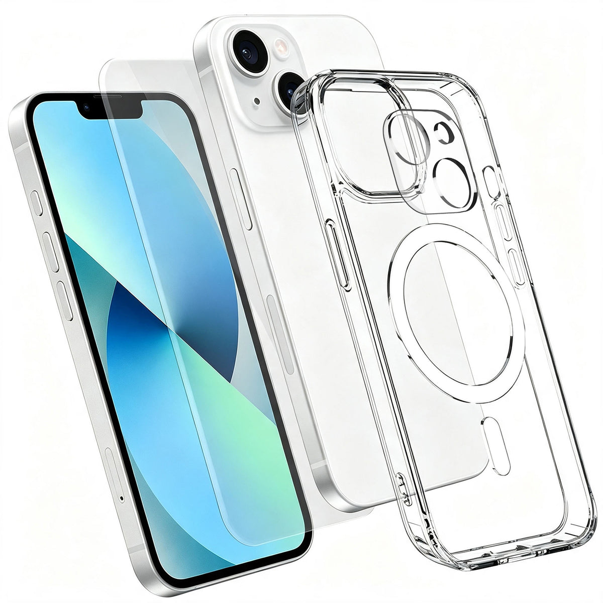 For iPhone 13 Magnetic Case TPU + PC Clear Phone Cover with High Aluminium-silicon Glass Screen Protector + Tempered Glass Lens Protector