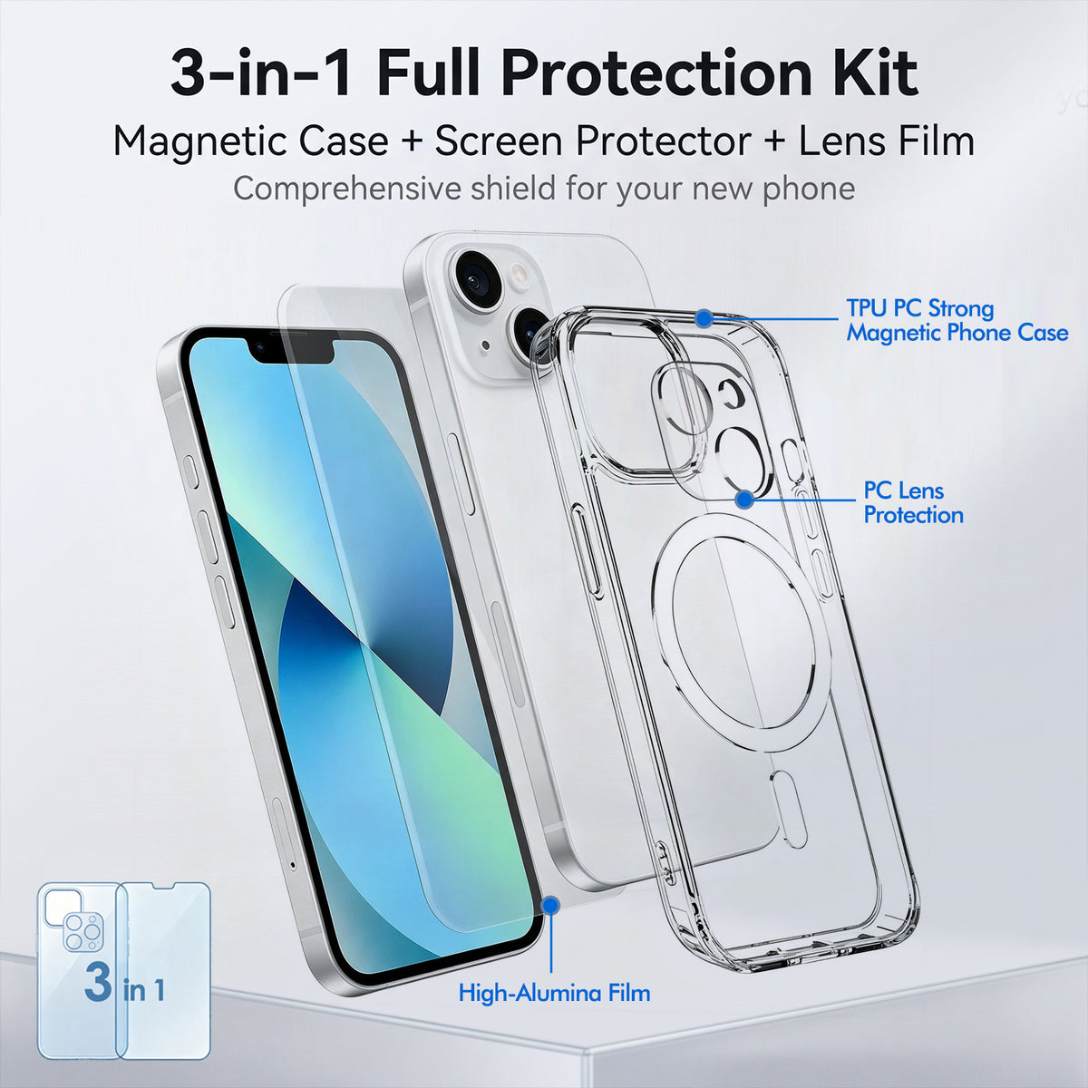 For iPhone 13 Magnetic Case TPU + PC Clear Phone Cover with High Aluminium-silicon Glass Screen Protector + Tempered Glass Lens Protector