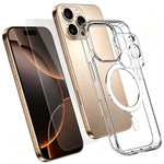 For iPhone 16 Pro Max Magnetic Case TPU + PC Clear Phone Cover with High Aluminium-silicon Glass Screen Protector + Tempered Glass Lens Protector