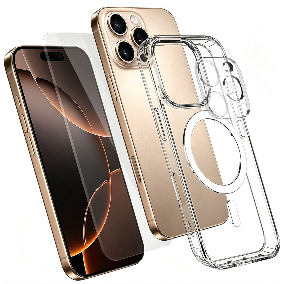 For iPhone 16 Pro Max Magnetic Case TPU + PC Clear Phone Cover with High Aluminium-silicon Glass Screen Protector + Tempered Glass Lens Protector