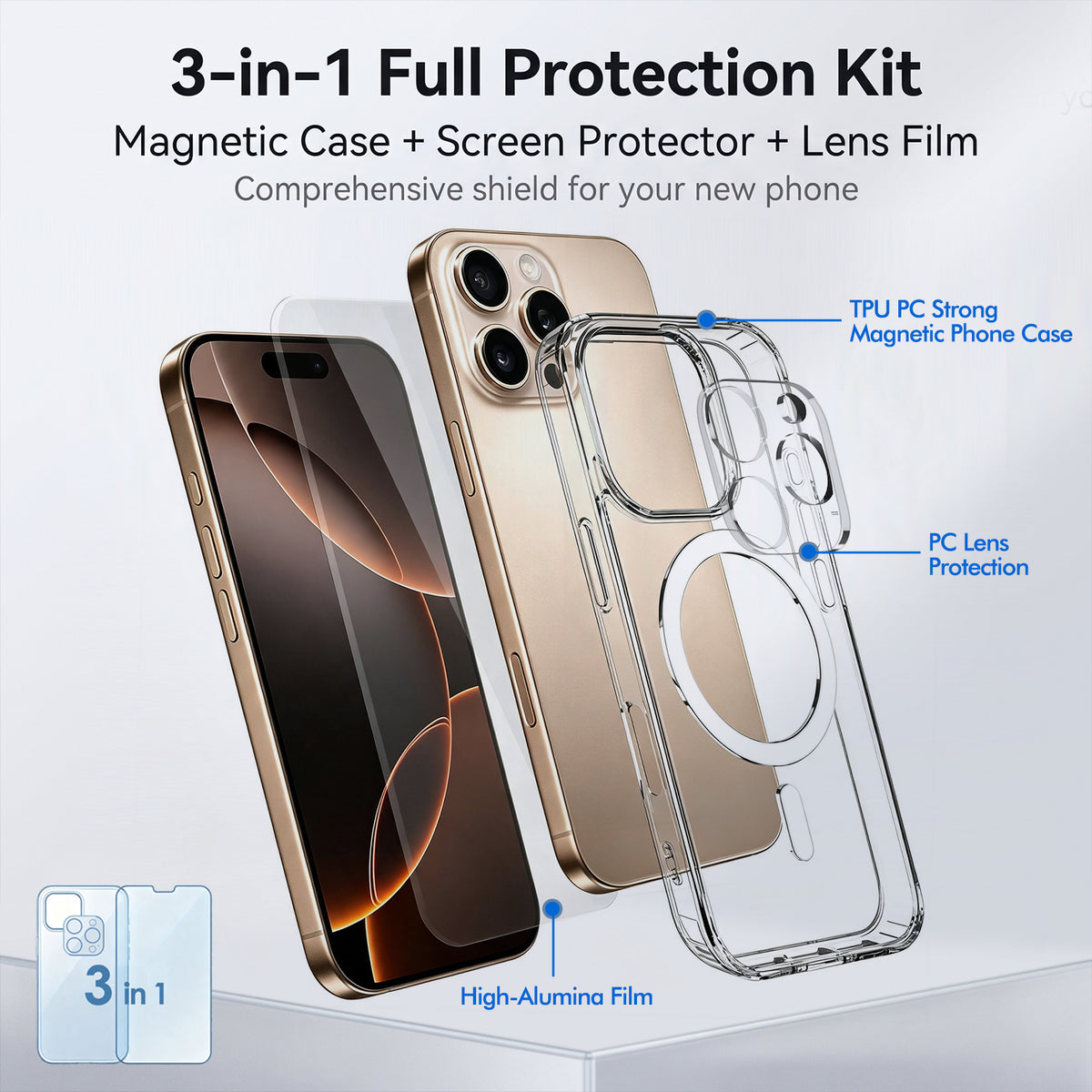 For iPhone 16 Pro Max Magnetic Case TPU + PC Clear Phone Cover with High Aluminium-silicon Glass Screen Protector + Tempered Glass Lens Protector