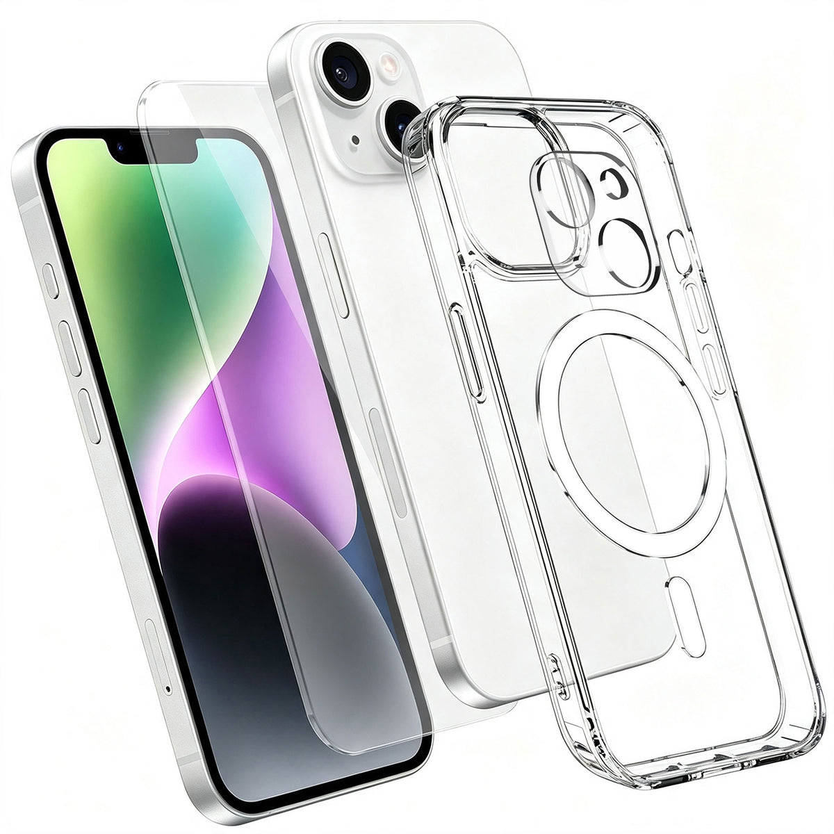 Til iPhone 14 Magnetisk Cover TPU + PC Klar Telefoncover med Skærmbeskytter af Højt Aluminium-silicium Glas + Hærdet Glas Linsebeskytter