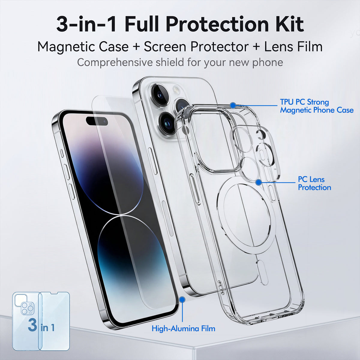 For iPhone 14 Pro Max Magnetic Case TPU + PC Clear Phone Cover with High Aluminum-silicon Glass Screen Protector + Tempered Glass Lens Protector