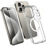 For iPhone 15 Pro Magnetic Case TPU + PC Clear Phone Cover with High Aluminium-silicon Glass Screen Protector + Tempered Glass Lens Protector