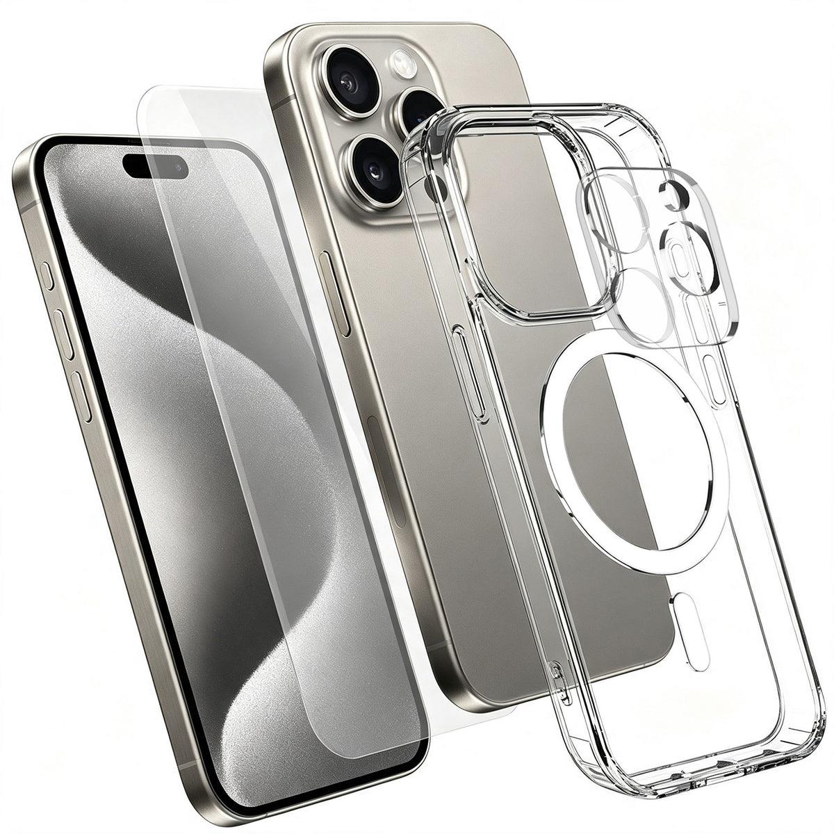 For iPhone 15 Pro Magnetic Case TPU + PC Clear Phone Cover with High Aluminium-silicon Glass Screen Protector + Tempered Glass Lens Protector