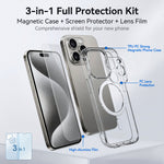 For iPhone 15 Pro Magnetic Case TPU + PC Clear Phone Cover with High Aluminium-silicon Glass Screen Protector + Tempered Glass Lens Protector