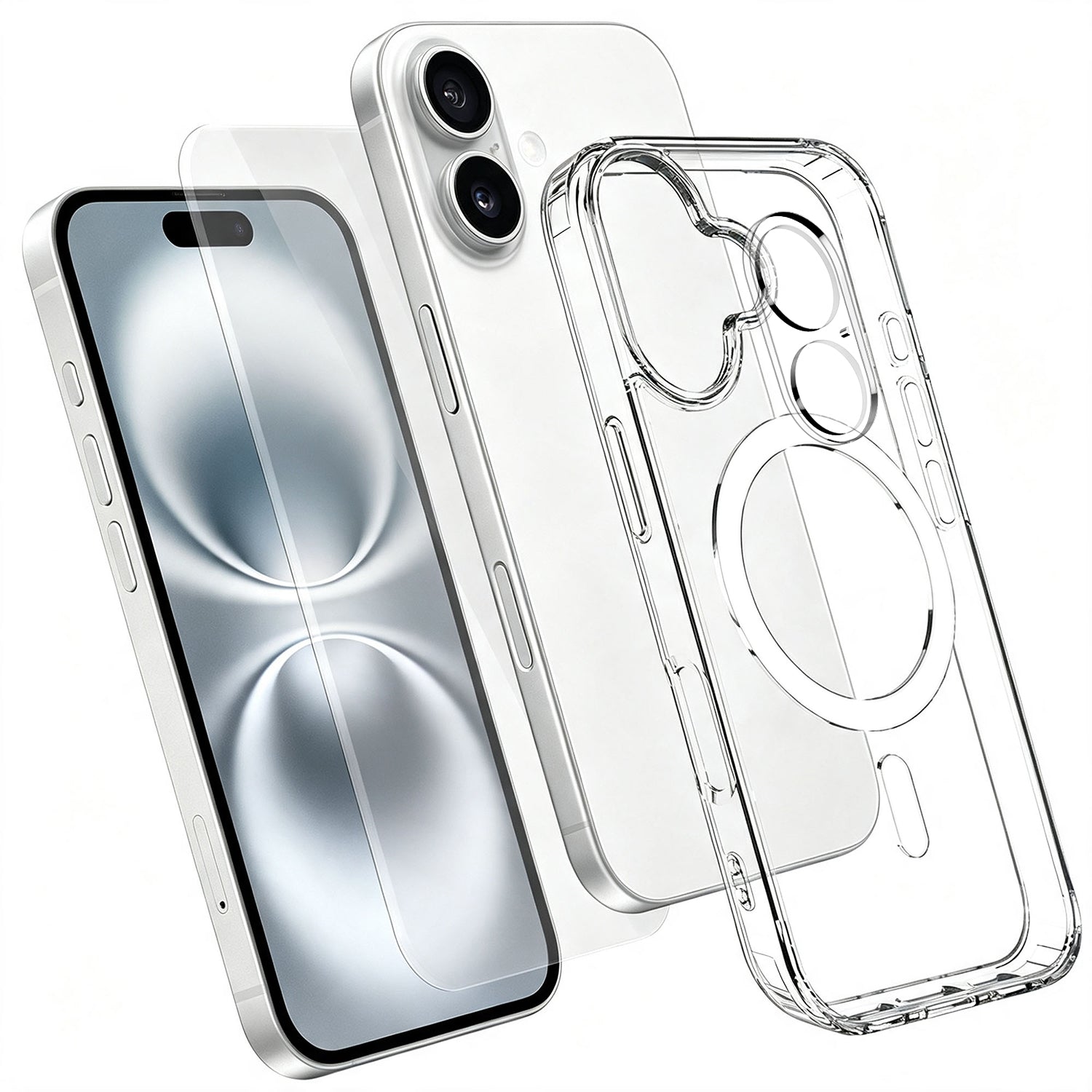 iPhone 16 Magnetiskt Skal TPU + PC Genomskinligt mobilskal med Skärmskydd i Högt Aluminium-Silicon Glas + Linsskydd i Härdat Glas