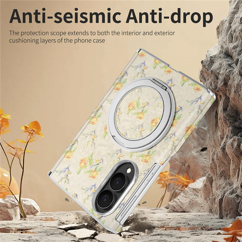 Til Samsung Galaxy Z Fold8 Cover Drejelig Støttefod Blomstret Mønster Læder + PC Beskyttelsescover