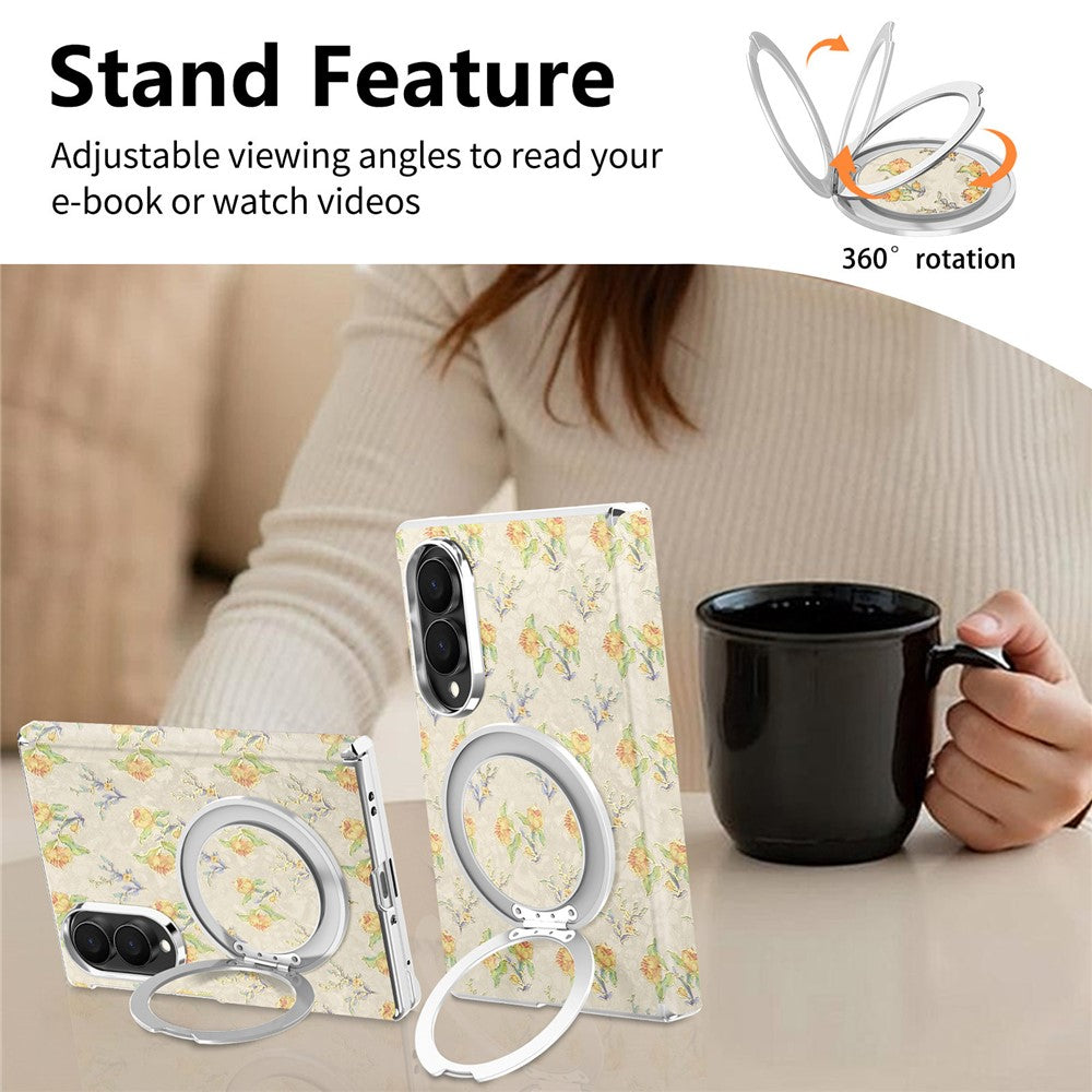 Til Samsung Galaxy Z Fold8 Cover Drejelig Støttefod Blomstret Mønster Læder + PC Beskyttelsescover