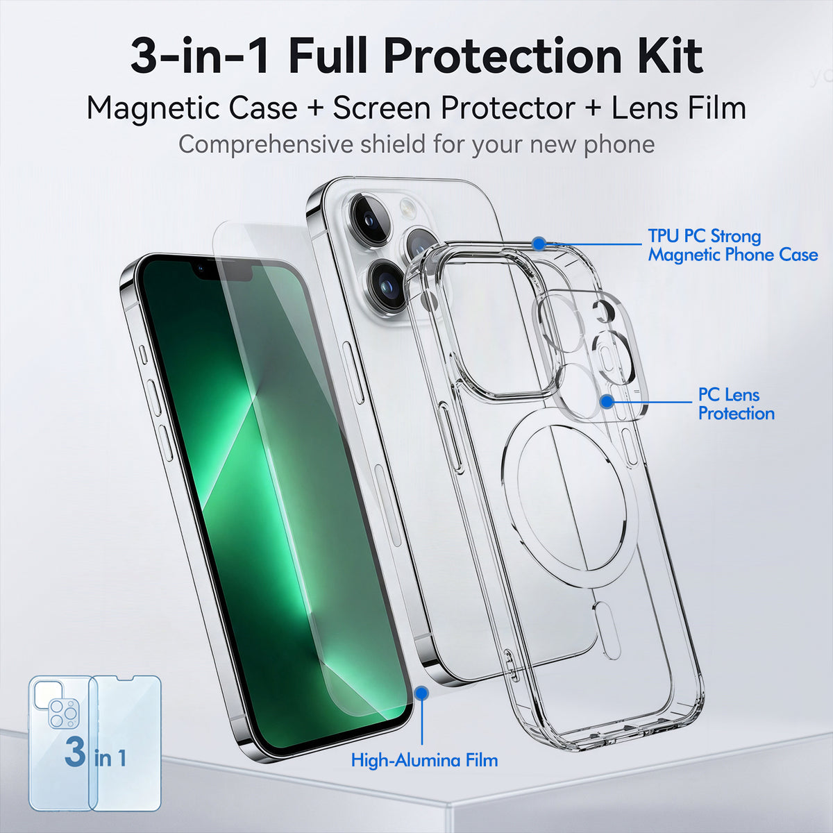 For iPhone 13 Pro Magnetic Case TPU + PC Clear Phone Cover with High Aluminium-silicon Glass Screen Protector + Tempered Glass Lens Protector