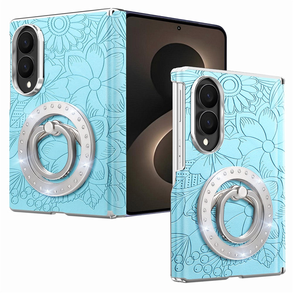 For Samsung Galaxy Z Fold8 Case Rhinestone Magnetic Kickstand Floral Pattern Leather Back Cover
